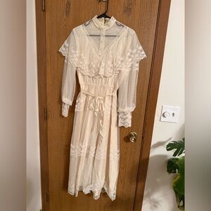 Vintage 1970s Wedding Dress Lace Long Sleeve High Neck Boho Bridal XS